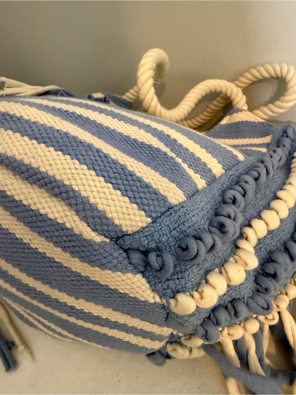 Striped Blue & Cream Fringe Tote Bag Rope Handles - Picture 9 of 16